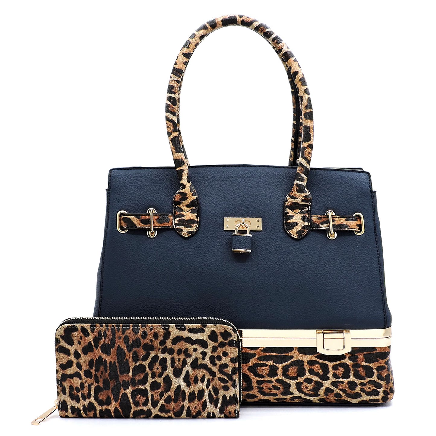 2-in-1 Leopard Colorblock Padlock Boxy Satchel