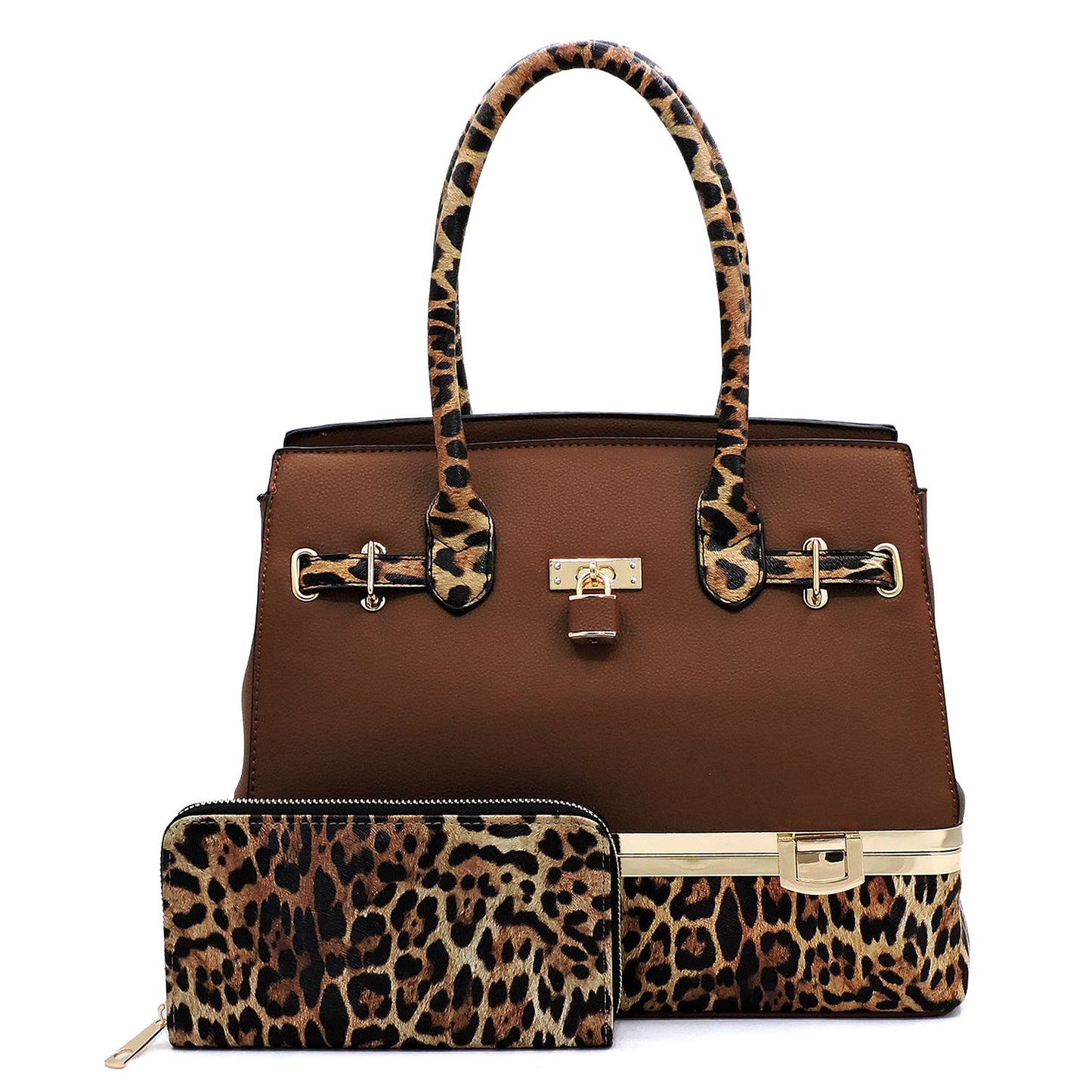 2-in-1 Leopard Colorblock Padlock Boxy Satchel