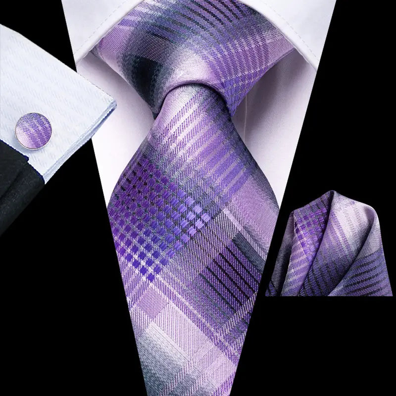 Hi-Tie Fashion Mens Silk Tie Set Jacquard Woven Plaids Necktie Hanky Cufflinks For Wedding Business Party