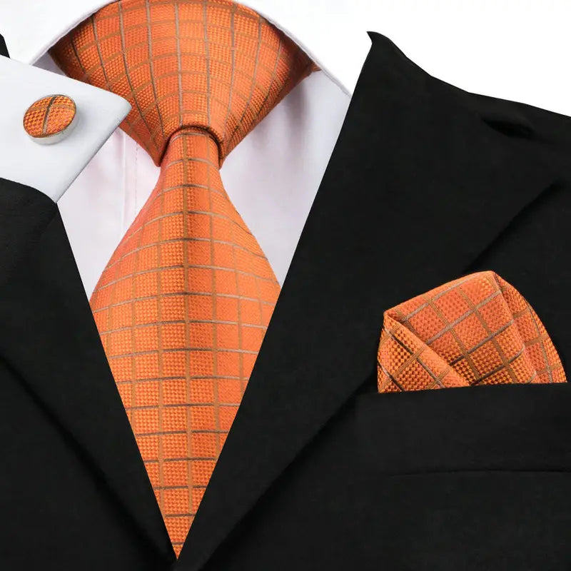 Hi-Tie Fashion Mens Silk Tie Set Jacquard Woven Plaids Necktie Hanky Cufflinks For Wedding Business Party
